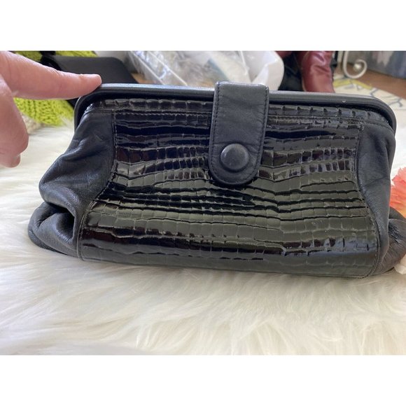 Vtg Jennifer Moore Blk Leather Reptile Clutch Bag - Picture 4 of 12